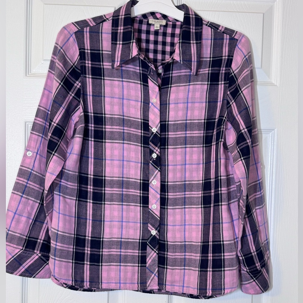 Talbots Pink and Navy Checkered Shirt M-Petite